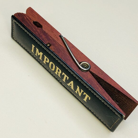 Vintage Oversized Wood and Leather Clothespin IMPORTANT Memo Paperclip: Denmark - Picture 5 of 11